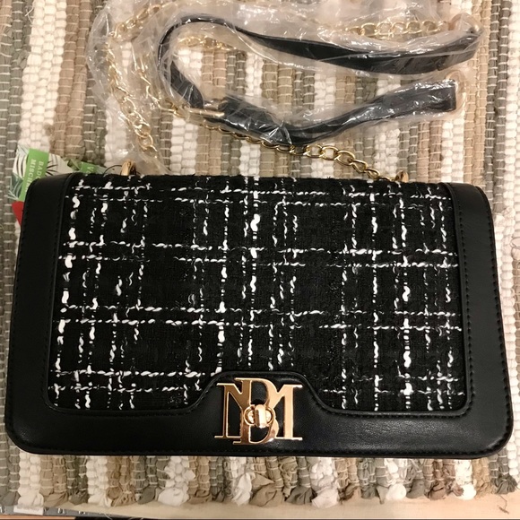 Badgley Mishka black & white tweed, vegan leather and yellow metal crossbody bag - Picture 8 of 14